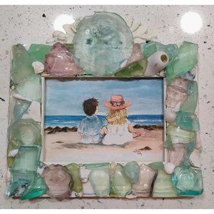 Handmade Shells & Sea Glass Framed Art Decor & Drawing Beach Dating Theme Signed